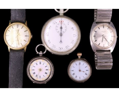 Two late 19th / early 20th Century white metal fob watches together with a stopwatch and vintage 1960s-1970s Avia and Rotary 