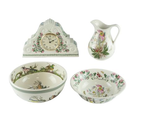 Three items of Portmeirion The Botanic Garden ware, comprising a mantle clock, a jug and a bowl, together with a Portmeirion 