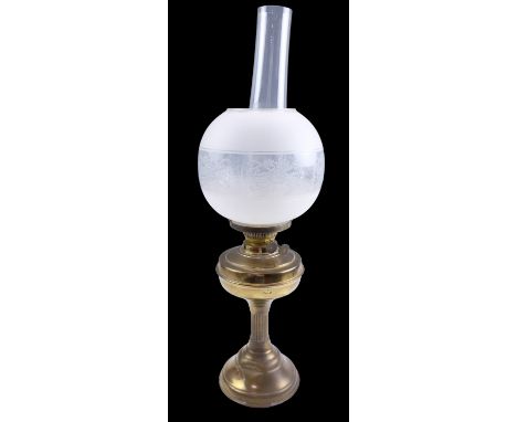 A late 20th Century brass columnar double wick oil lamp, 63.5 cm, (chimney a/f)