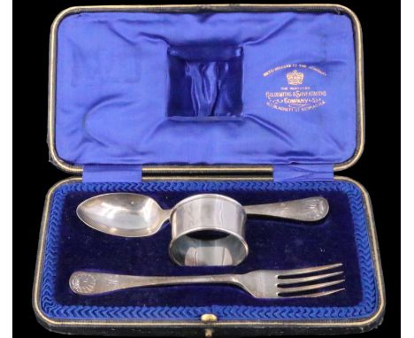 A cased early 20th Century silver Hanoverian pattern christening set, the napkin ring engraved 'Mary', the terminals engraved