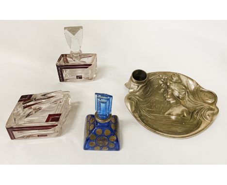 ART NOUVEAU INKWELL BY N.VIDAL WITH A HAND PAINTED INKWELL &amp; CUT GLASS PERFUME BOTTLE