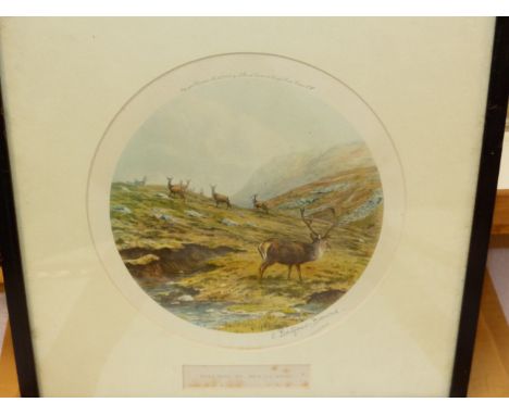 AFTER V.BALFOUR-BROWNE.  (1880-1963)   THREE COLOUR PRINTS OF DEER IN THE HIGHLANDS, EACH PENCIL SIGNED, Dia.18cms TOGETHER W
