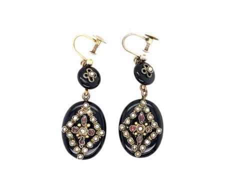 A PAIR OF VICTORIAN AMETHYST AND SEED PEARL 9ct GOLD SCREW BACK OVAL CLUSTER EARRINGS, TOGETHER WITH A PAIR OF JET, SEED PEAR