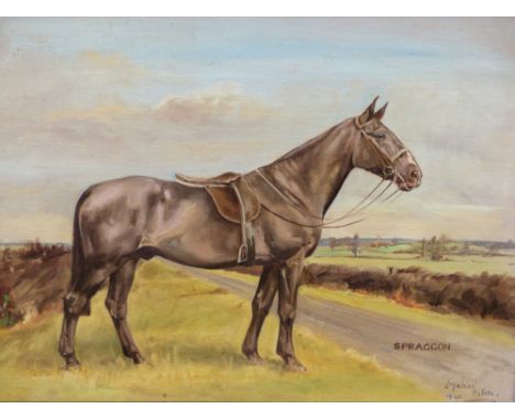M.WILSON.   20th.C.ENGLISH SCHOOL.  ARR.   PORTRAIT OF SPRAGGON, A HUNTER, SIGNED AND DATED 1940, OIL ON CANVAS BOARD WITH MA