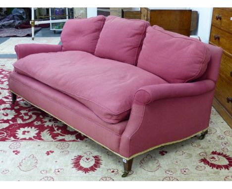 A LATE 19th/EARLY 20th.C. HOWARD &amp; SONS, BERNERS STREET, A DEEP SEAT COUNTRY HOUSE SOFA WITH LOOSE FEATHER CUSHIONS, DEEP