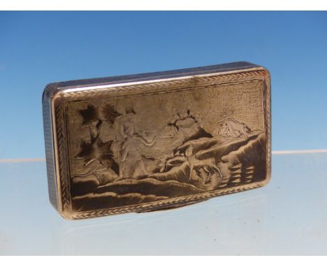 A RUSSIAN SILVER AND NIELLO SNUFF BOX BEARING THE DATE 1885, THE RECTANGULAR HINGED LID AND BASE WORKED WITH HUNTING SCENES. 