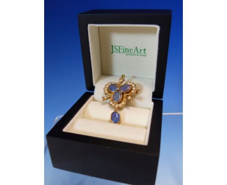 AN OPAL TRIPLET AND SPLIT PEARL PENDANT/BROOCH DESIGNED AS AN OPAL TRIPLET CABOCHON TREFOIL WITHIN A SPLIT FOLIATE HALO, SUSP