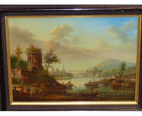OLD MASTER SCHOOL.   A CONTINENTAL RIVER LANDSCAPE WITH NUMEROUS FOREGROUND FIGURES, OIL ON CANVAS.   30 x 42cms.