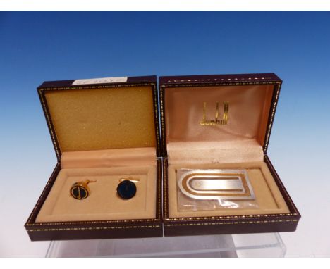 A BOXED DUNHILL PARCEL GILT PAGE MARKER TOGETHER WITH A PAIR OF CUFFLINKS WITH BLUE ENAMEL AND GILT CP MONOGRAMS.