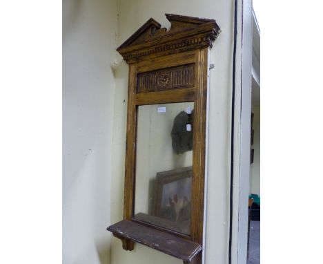 AN EDWARDIAN GILT FRAMED HALL  MIRROR WITH SHELF.   48 x 106cms.