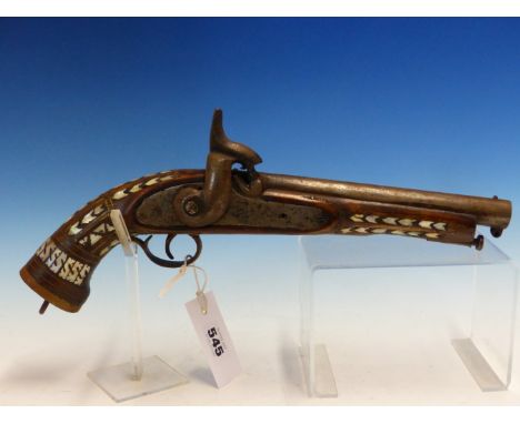 AN AFRICAN DECORATED PERCUSSION CAP PISTOL AND RAMROD, THE WOODWORK INLAID WITH MOTHER OF PEARL, THE TRIGGER GUARD OF BRASS. 