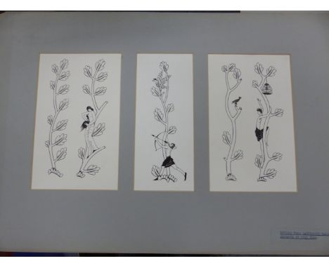 AFTER ERIC GILL.  (1882-1940)   THREE PRINTS, BORDERS FROM CANTERBURY TALES, MOUNTED AS ONE TOGETHER WITH A PROFILE PORTRAIT 