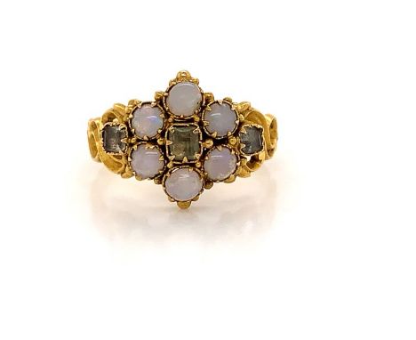 A 15CT GOLD VICTORIAN OPAL AND GEMSTONE CLUSTER RING, DATE LETTER Y. FINGER SIZE N. WEIGHT 2.8grms.