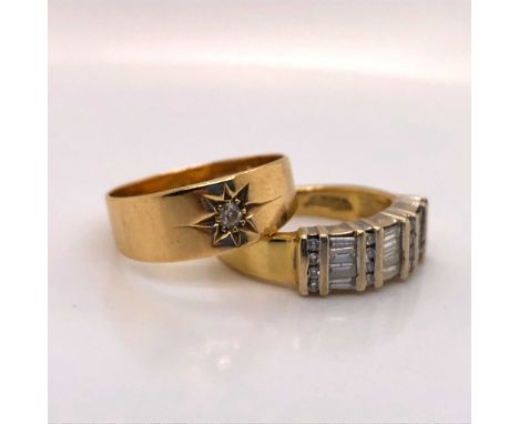 AN 18ct MULTI DIAMOND BAR SET HALF HOOP RING FINGER SIZE J, TOGETHER WITH A 18ct DIAMOND GYPSY SET RING SIZE N. GROSS WEIGHT 