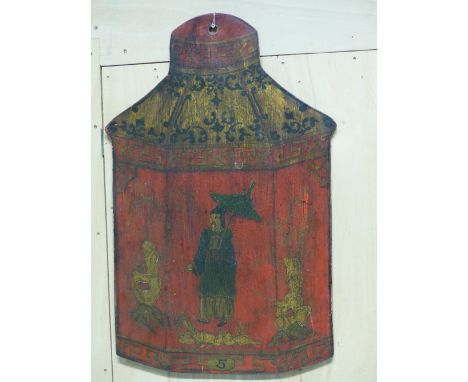 A DECORATIVE WOOD AND CHINOISERIE DECORATED SIGN FOR A TEA SELLER, DESIGNED AS A TEA CADDY.   H.79cms.