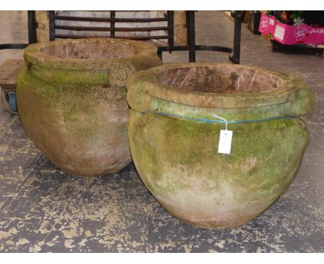 A PAIR OF ART NOUVEAU&nbsp; POTTERY TERRACOTTA PLANTERS, PROBABLY COMPTON,&nbsp; THE TWO SCROLLS ON THE CIRCULAR RIMS MIRRORE