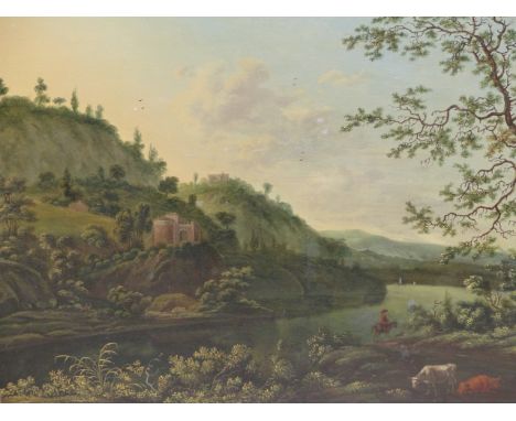 OLD MASTER SCHOOL   A RIVERSCENE WITH FOREGROUND FIGURES AND CATTLE, OIL ON PANEL IN A CARVED GILTWOOD FRAME.   42 x52cms.