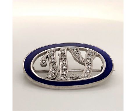 A 9ct HALLMARKED WHITE GOLD, DIAMOND AND BLUE ENAMEL MONOGRAM BROOCH, MEASURMENTS 3cms X 2cms,WEIGHT 6.9grms. 