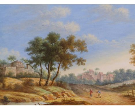 OLD MASTER SCHOOL.   A FORTIFIED TOWN WITH SHEPHERDS IN THE FOREGROUND, GOUACHE.   15.5 x 21cms.