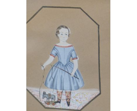 19th.C.ENGLISH NAIVE SCHOOL.   PORTRAIT OF A YOUNG BOY WITH A HOBBY HORSE, INSCRIBED WITH THE BOY'S NAME AND DATE VERSO, WATE