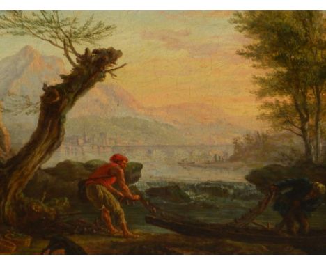 OLD MASTER SCHOOL.   AN ITALIANATE CLASSICAL RIVER SCENE WITH FOREGROUND FISHER FOLK, OIL ON CANVAS.   30 x 45cms.