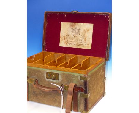 AN E J CHURCHILL LABELLED CANVAS MOUNTED OAK LINED MAGAZINE WITH BRASS CORNERS AND LEATHER STRAPS.   W 43cms. TOGETHER WITH A
