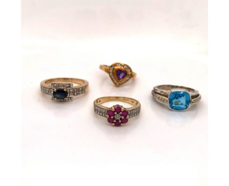 A 9ct GOLD RUBY AND DIAMOND DAISY CLUSTER RING, FINGER SIZE K, TOGETHER WITH AN AMETHYST HEART AND DIAMOND CHANNEL SET CLUSTE