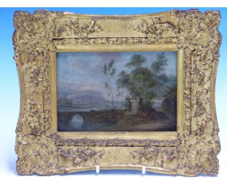 OLD MASTER SCHOOL.   AN ITALIANATE RIVER LANDSCAPE WITH FOREGROUND BRIDGE, OIL ON PANEL.   10 x 14.5cms.