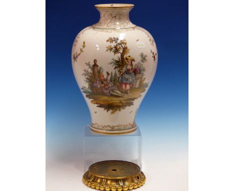 A 19th C. GERMAN BALUSTER VASE, THE SHOULDERS GILT WITH TWO PENDANTS OF DIAMOND DIAPER ABOVE FLOWERS PAINTED TO ONE SIDE AND 