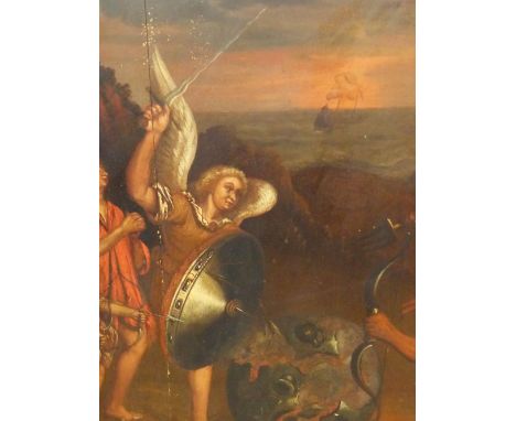 OLD MASTER SCHOOL.   AN ALLEGORICAL SCENE WITH FIGURES ON A ROCKY COAST, OIL ON PANEL, UNFRAMED.   62 x 54cms.