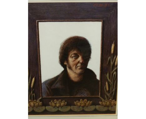 DAVID OXTOBY.  (1938-****)  ARR.   PORTRAIT OF A MAN WITHIN A FRAME, SIGNED MIXED MEDIA.   45 x 35cms.