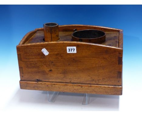 A JAPANESE TWO HANDLED WOODEN BOX, THE LID PIERCED TO HOLD A COPPER WATER CONTAINER AND A BAMBOO CYLINDER TO HOLD A LADLE, TH
