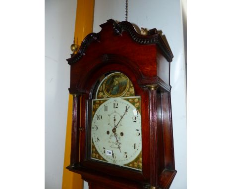 A 19th.C.OAK AND MAHOGANY LONG CASE CLOCK WITH PAINTED 12" DIAL, ARCH TOP DIAL SIGNED WILKINSON, LEICESTER, 8-DAY MOVEMENT CO