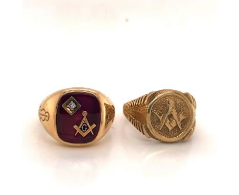 A 10ct GOLD SIGNED IBG DIAMOND SET MASONIC RING FINGER SIZE S 1/2, TOGETHER WITH A 9ct GOLD MASONIC RING FINGER SIZE U. GROSS