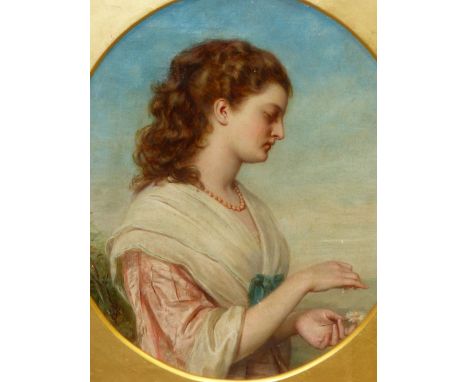 JOHN ROBERT DICKSEE.  (1817-1905)   AN OVAL PORTRAIT OF A GIRL HOLDING A FLOWER, ENTITLED THE LOVE TEST, MONOGRAMMED AND INSC