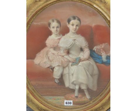 P.JOURDY (1805-1856) AN OVAL PORTRAIT OF TWO GIRLS, SIGNED PASTEL. 42 x 34cms.