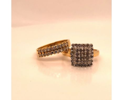 AN 18ct SQUARE MULTI DIAMOND CLUSTER, FINGER SIZE N, TOGETHER WITH A FURTHER 18ct TWO ROW MULTI DIAMOND HALF HOOP RING, FINGE