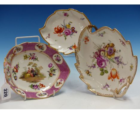 AN OUTSIDE DECORATED MEISSEN FLORAL PAINTED LEAF SHAPED DISH.   W 22cms. ANOTHER COPENHAGEN.   W 18cms. TOGETHER WITH A BERLI