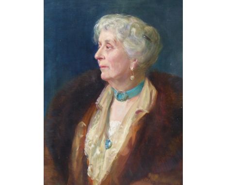P.TENNYSON LEE.  EARLY 20th.C.   PORTRAIT OF MRS. REGINALD THOMASON, SIGNED AND INDISTINCTLY DATED, OIL ON CANVAS.   91 x 71c