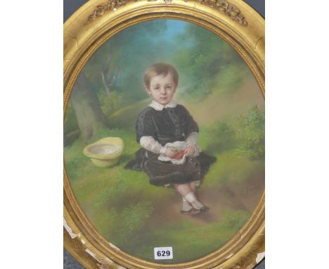 P.JOURDY. (1805-1856) AN OVAL PORTRAIT OF A CHILD HOLING BERRIES, SIGNED PASTEL. 42 x 34cms.