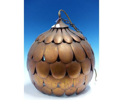 A COPPER FINISHED METAL SINGLE LIGHT GLOBE CEILING FITTING, FIVE ROWS OF PETALS BELOW THE RING SUSPENSION.   H 37cms.