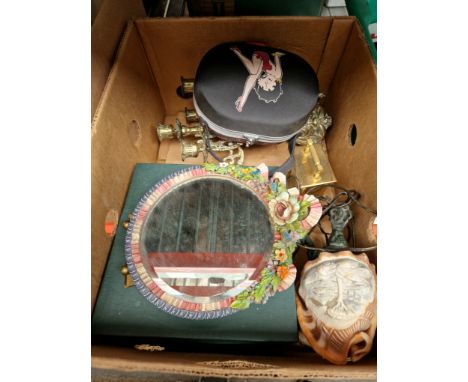A five branch brass candlestick together with a carved conch shell lamp, a Barbola mirror, a crystal bowl in box, a brass car