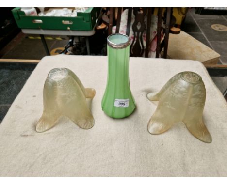 A pair of Art Deco frosted glass vases together with a silver rimmed green vase, London, Henry Perkins &amp; Sons, 1904. 