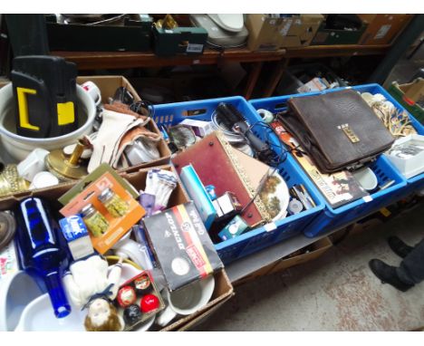 5 boxes of mixed pottery, household items, leather briefcase, kitchenalia, ornaments, light bulbs, collector's plates, etc. 