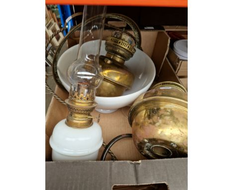 A French large lamp with milk glass shade and funnel together with two vintage brass paraffin lamps with funnels, no shades. 
