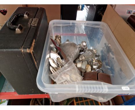 A box of assorted silver plate ware, together with a Remmington typewriter etc. 