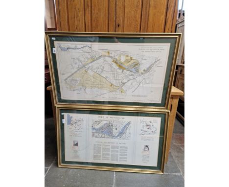 Two framed 1930s maps of the Manchester Ship Canal and The Manchester Docks &amp; Barton Docks Estate, together with two sign