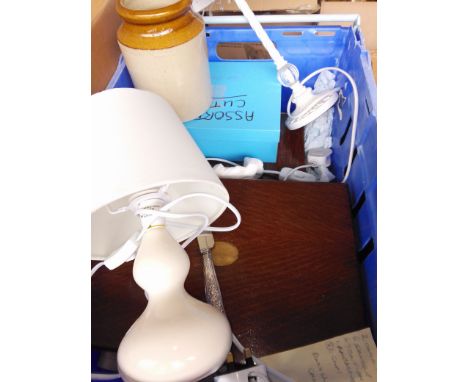 Two canteen of cutlery, a silver handled knife, a stoneware jar, a lamp and a box of cutlery. 