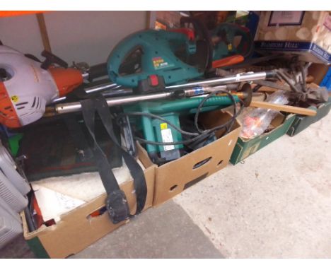 Large quantity of garden tools, electric chainsaw, petrol multi-hedge trimmer, strimmer, battery charger, garage tools, sande