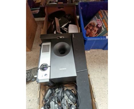 2 boxes of electricals to include projector, headphones, speakers, etc. 